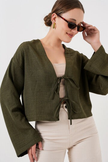 Önü Bağlamalı Keten Kimono 960 - Haki
