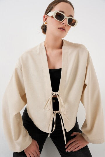 Önü Bağlamalı Keten Kimono 960 - Krem