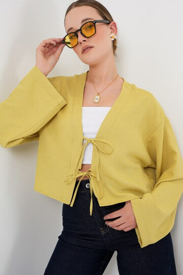 Oldindan bog'langan zig'ir kimono 960 - Yog'li yashil